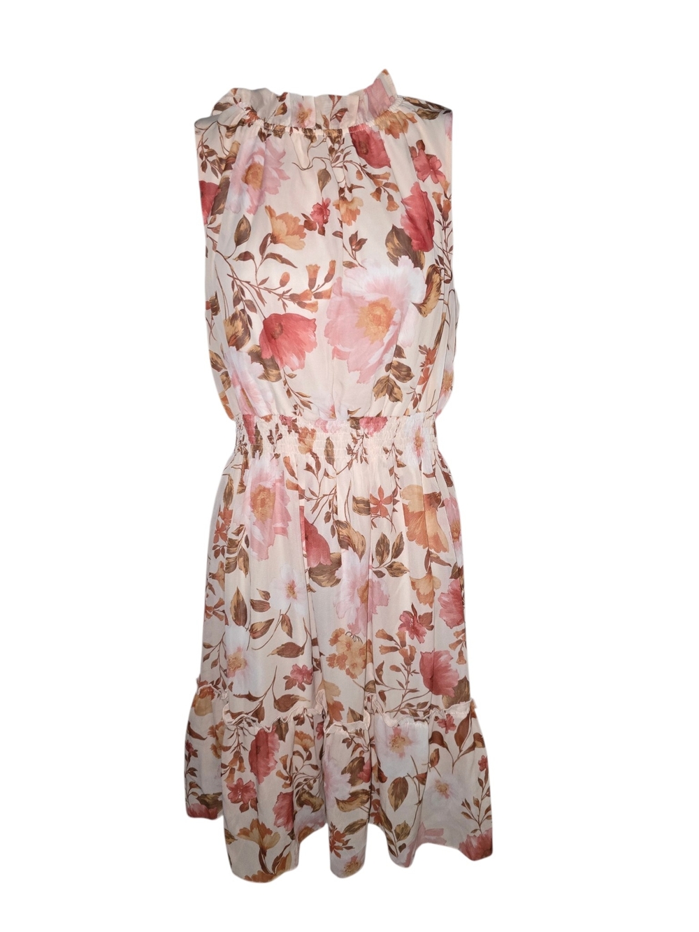 Smocked Waist Floral Midi Dress in Pink and Cream